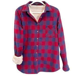 Ambiance Shacket Womens L Soft Fleece Red & Blue Plaid Button Front Pocket Shirt